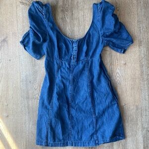Free People Puff Sleeve Denim Mini Dress Blue Scoop boho Smocked Cottagecore S